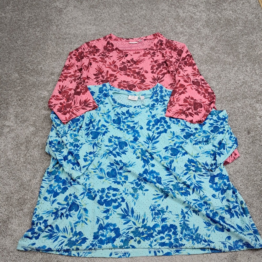 LOGO Layers Lori Goldstein 2PK Floral Eyelet Tops 3X Blue Pink Elbow Sleeve 7741